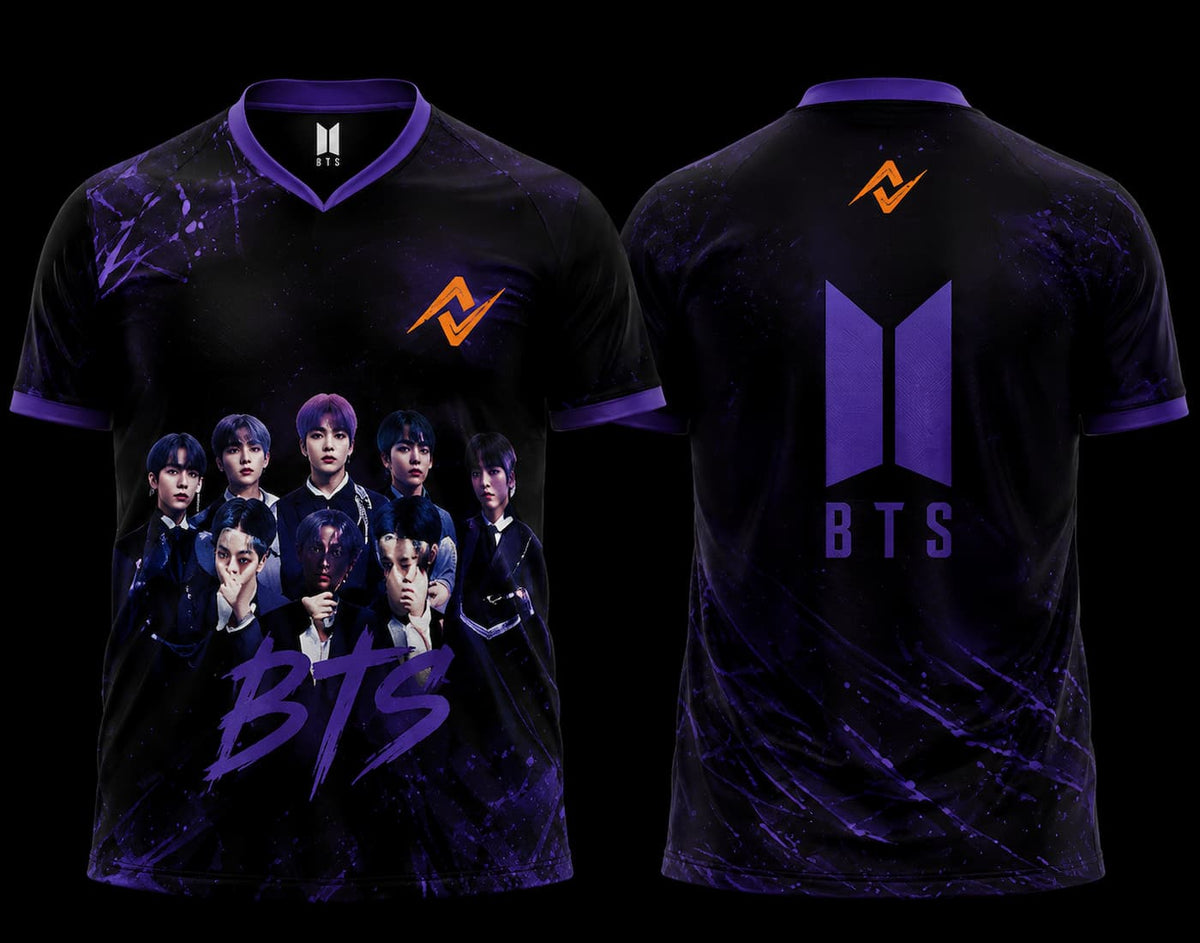 Front and back view of BTS Cosmic Purple Group Edition esports jersey featuring BTS group artwork on the front and a large BTS-inspired logo on the back with purple galaxy graphics.