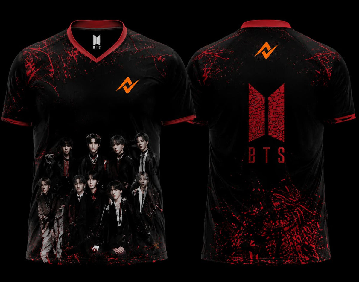 Front and back view of BTS Crimson Shadow Group Esports Jersey featuring BTS group artwork on the front and a bold crimson BTS logo on the back with red splatter graphics.