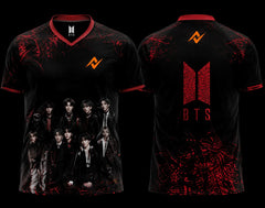 Front and back view of BTS Crimson Shadow Group Esports Jersey featuring BTS group artwork on the front and a bold crimson BTS logo on the back with red splatter graphics.