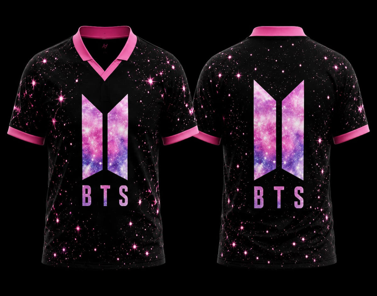 Front and back view of BTS Galaxy Pink V-neck polo jersey featuring black cosmic star pattern with pink accents and BTS logo.