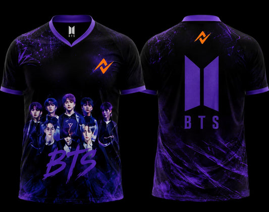 Front and back view of BTS Galaxy Purple Group Esports Jersey featuring a full-color BTS group artwork on the front and a large purple BTS logo on the back with galaxy-inspired graphics.