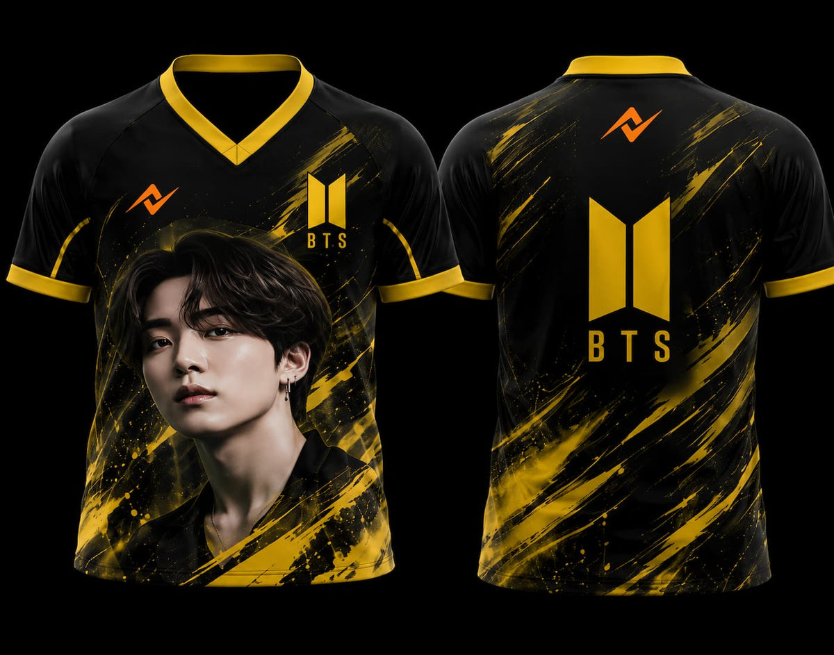 Front and back view of BTS J-Hope Golden Shadow Fan Edition V-neck esports jersey featuring a portrait-inspired graphic, BTS logo, and orange chest logo.