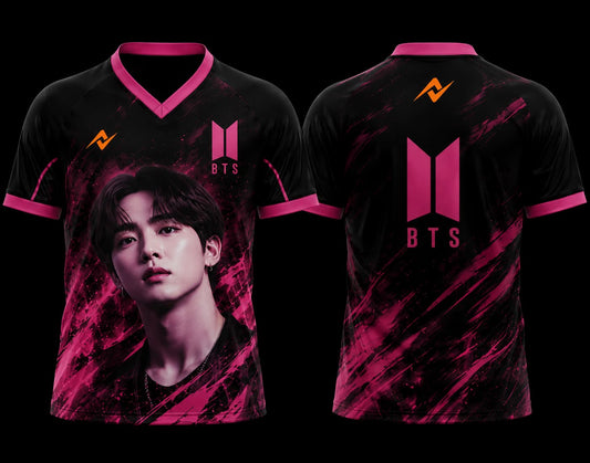 Front and back view of BTS Jin Pink Shadow Fan Edition V-neck esports jersey featuring a portrait-inspired graphic, BTS logo, and orange chest logo.