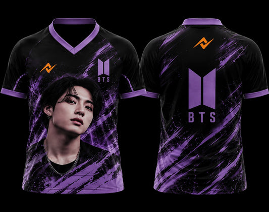 Front and back view of BTS Jung Kook Purple Edition esports jersey featuring a Jung Kook-inspired portrait, purple graphics, and BTS logo