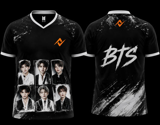 Front and back view of BTS Monochrome Portrait Esports Jersey featuring black and white BTS member portraits on the front and bold white BTS brush lettering on the back
