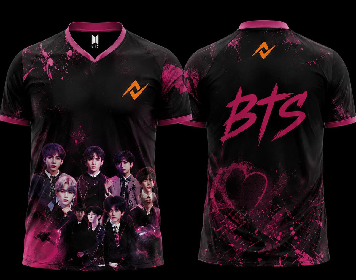 Front and back view of BTS Neon Pink Graffiti Group Esports Jersey featuring BTS group artwork on the front and graffiti-style BTS lettering with heart graphic on the back.