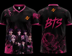 Front and back view of BTS Neon Pink Graffiti Group Esports Jersey featuring BTS group artwork on the front and graffiti-style BTS lettering with heart graphic on the back.