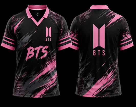 Front and back view of BTS Neon Pink V-Neck Polo Jersey featuring black and pink brushstroke graphics with premium sublimation print.