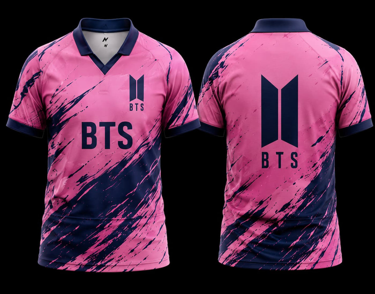 BTS Pink & Navy Brushstroke V-Neck Polo Jersey front and back view with BTS logo for K-pop fans