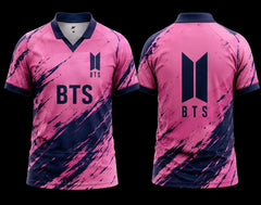 BTS Pink & Navy Brushstroke V-Neck Polo Jersey front and back view with BTS logo for K-pop fans