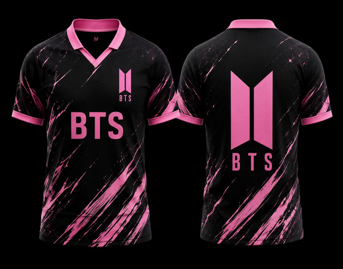 Front and back view of a black and pink BTS V-neck polo jersey featuring dynamic pink brushstroke graphics and a clean BTS logo on the back without a number.