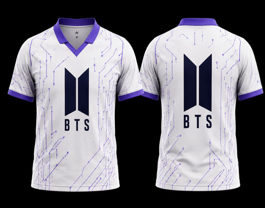 BTS Purple Circuit White V-Neck Polo Jersey front and back with BTS logo and clean back design.