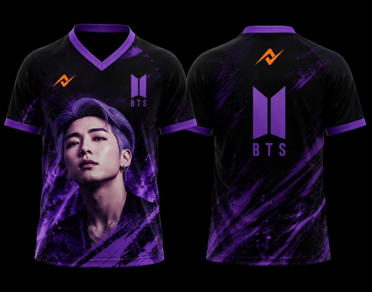 Front and back view of BTS RM purple shadow fan edition V-neck esports jersey with orange chest logo and BTS logo.