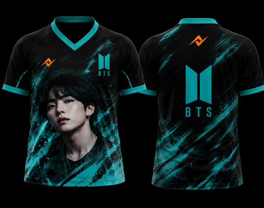 Front and back view of BTS SUGA Teal Shadow Fan Edition V-neck esports jersey featuring a portrait-inspired graphic, BTS logo, and orange chest logo.