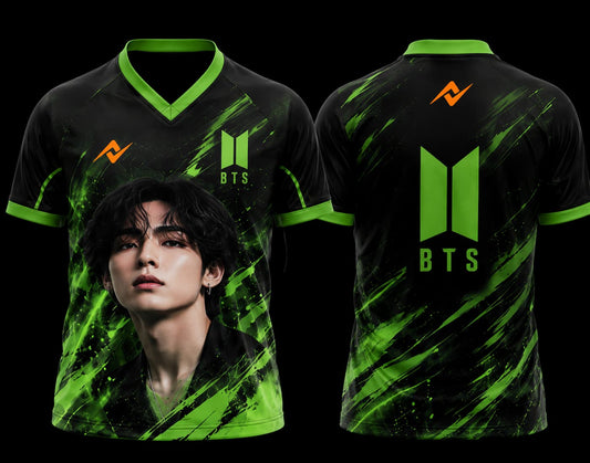 Front and back view of BTS V Green Edition esports jersey featuring a V-inspired portrait with neon green graphics and BTS logo.
