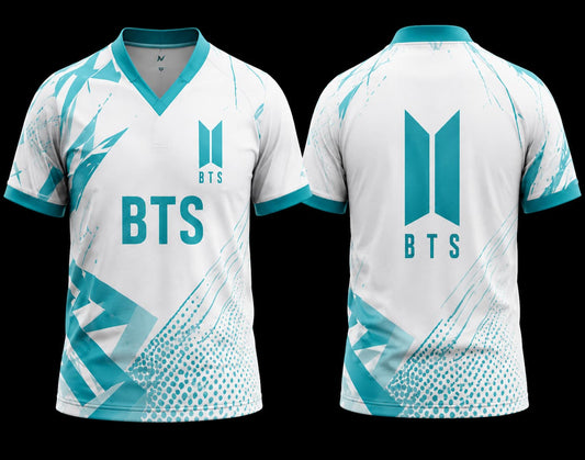 BTS White and Aqua Geometric V-Neck Polo Jersey front and back view with BTS logo for K-pop ARMY fans