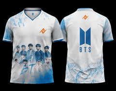 White and sky blue BTS group esports jersey featuring BTS member artwork on the front and BTS-inspired logo on the back.