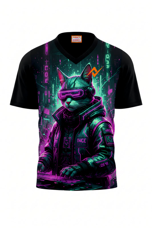 Cyberpunk Hacker Cat Neon Streetwear T-Shirt