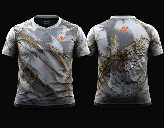 Front and back view of Celestial Wings premium esports jersey featuring white, silver, and gold graphics with wing artwork, round neck collar, and professional gaming apparel styling.