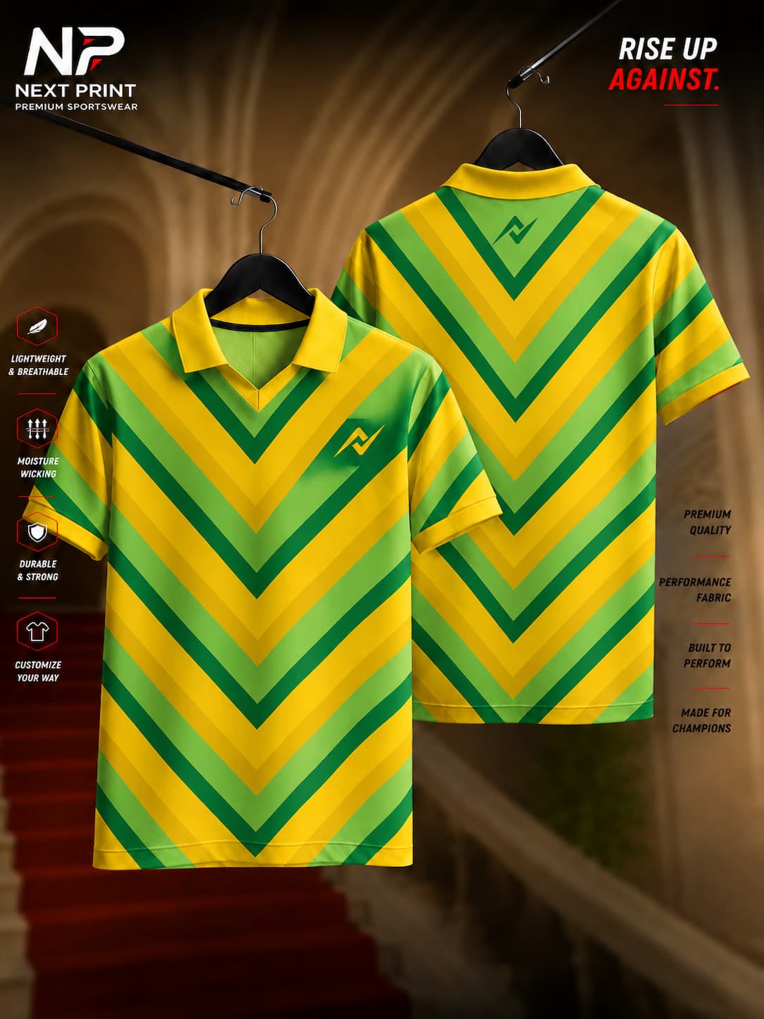 Yellow and green chevron pattern custom performance polo sports jersey with front and back views for cricket and team sports.