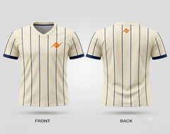 Front and back view of a classic ivory V-neck cricket jersey featuring navy vertical pinstripes, navy sleeve cuffs, and orange chest and back logos.