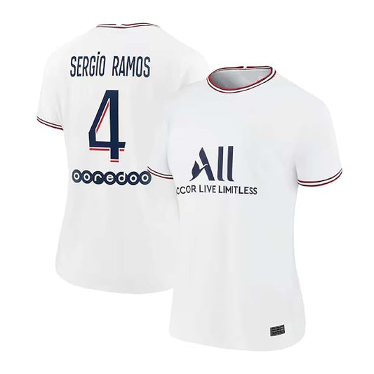 Front and back view of a classic white football jersey with red and navy trim, featuring a customizable name and number, ideal for soccer teams, training sessions, and match-day performance.