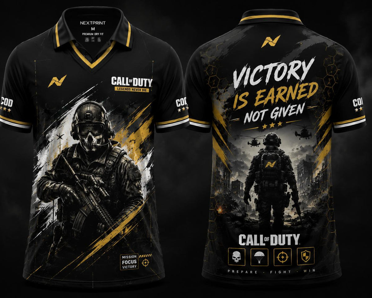 Black and gold tactical esports jersey with military-inspired artwork, V-neck polo collar, and motivational gaming graphics on front and back.