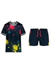 Color splash sports jersey and shorts set with vibrant multicolor splatter design athletic wear for cricket and football training