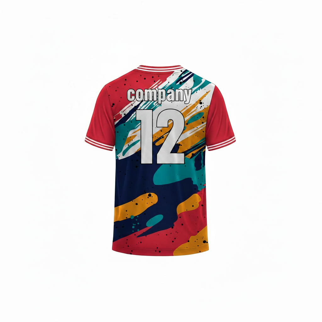 Colorful paint splash sports t-shirt back design with abstract brush stroke pattern for custom sublimation team jersey printing by NextPrint India
