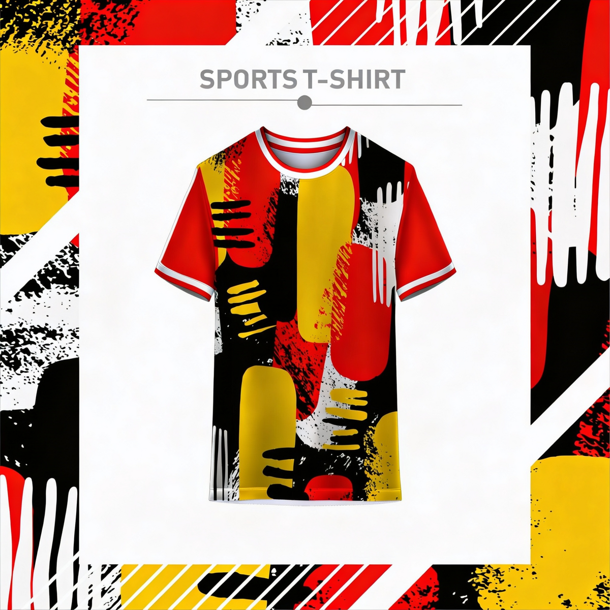 Colorful red yellow black sports t-shirt for men front view