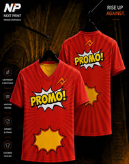 Next Print Comic Pop Promo V-Neck Sports Jersey featuring comic book style graphics with bold red sunburst background and premium sublimation print.