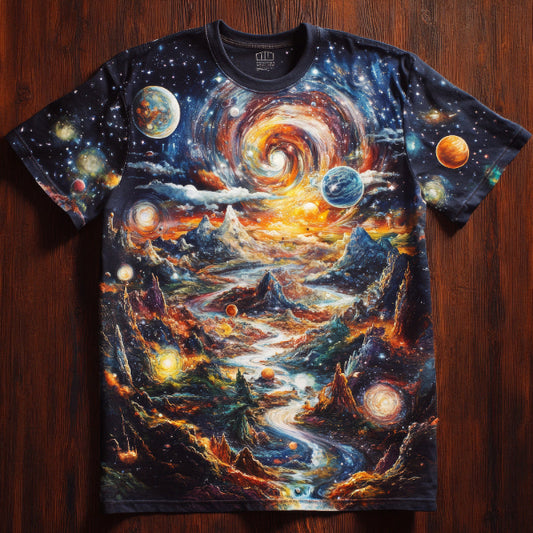 Next Print Cosmic Galaxy T Shirt with Planets Nebulae and Mountains