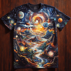 Next Print Cosmic Galaxy T Shirt with Planets Nebulae and Mountains
