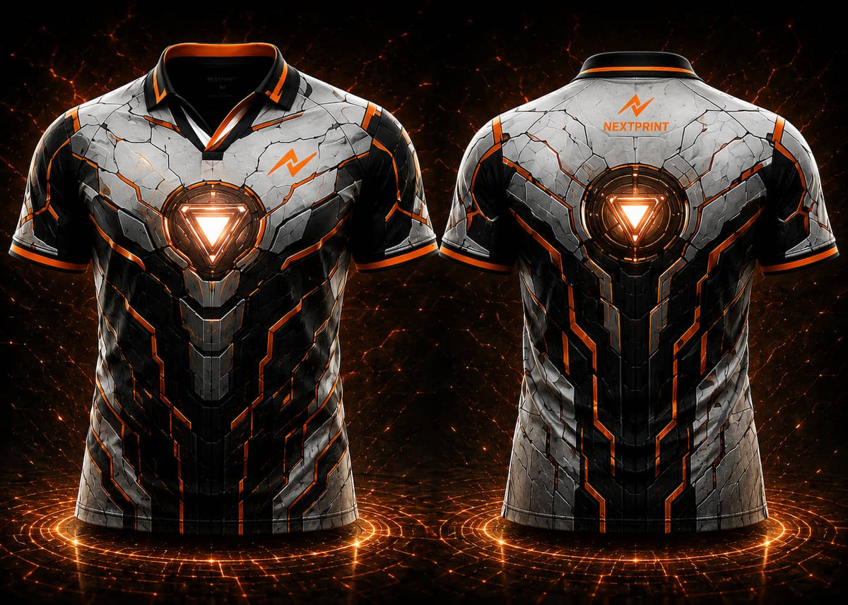 Front and back view of Cosmic Guard black and purple V-neck esports polo jersey featuring glowing nebula orbit graphics, galaxy artwork, side chest logo, and back neck logo placement.