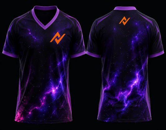 Front and back mockup of a galaxy-themed black and purple V-neck esports jersey featuring cosmic nebula graphics, orange chest logo, and back neck logo.
