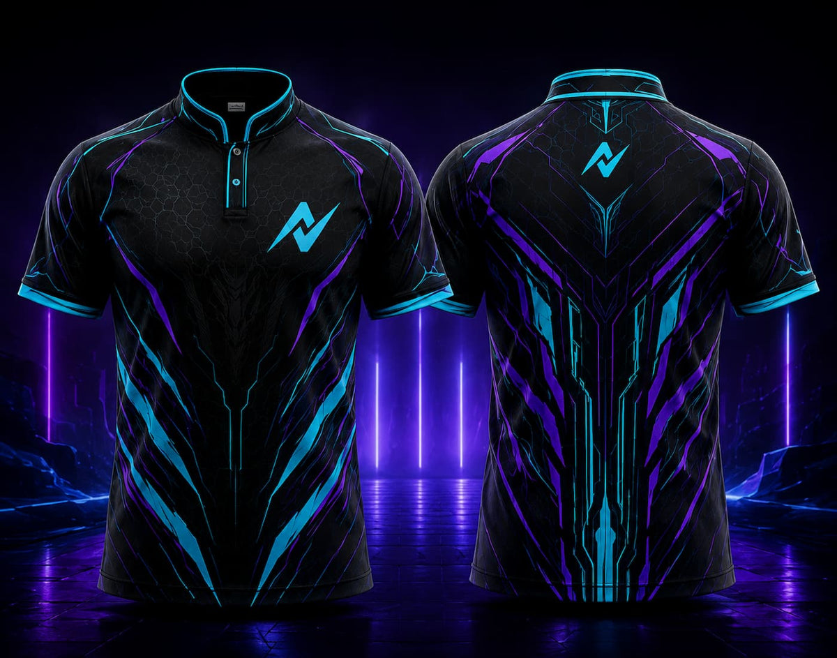 Front and back view of a black esports jersey with cyan and purple futuristic graphics, Chinese collar, orange chest logo, and matching back neck logo.