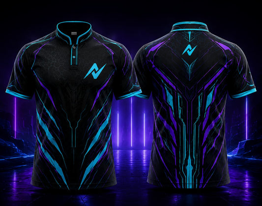 Front and back view of a black esports jersey with cyan and purple futuristic graphics, Chinese collar, orange chest logo, and matching back neck logo.