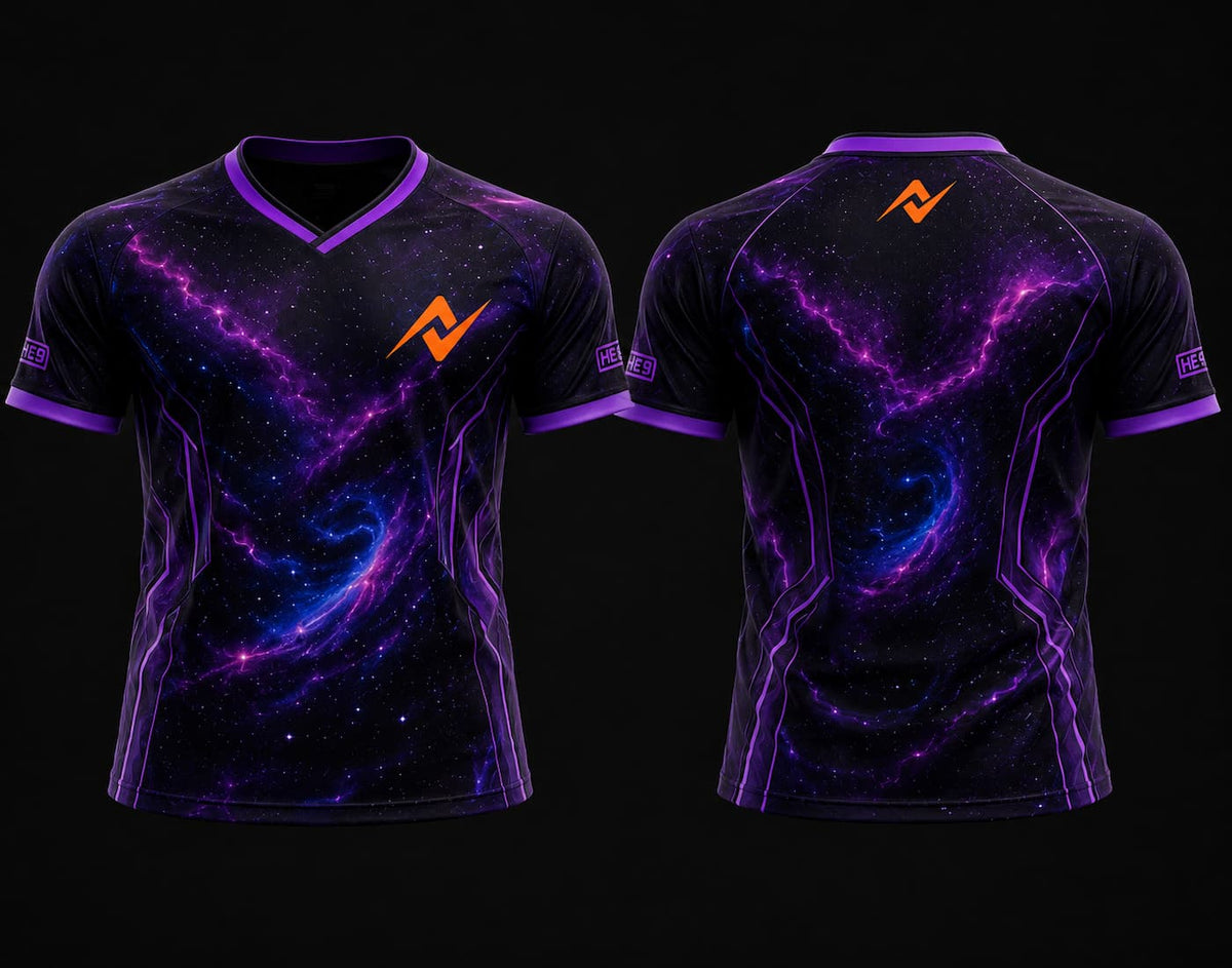 Front and back view of the Cosmic Rift purple galaxy V-neck esports jersey featuring a cosmic space design with custom logo on the chest and below the back collar.