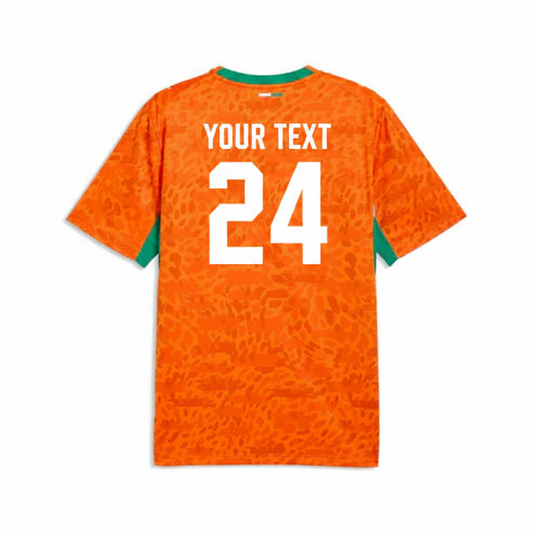 Front view of Côte d’Ivoire 2026 orange home fan jersey with textured pattern and green side accents