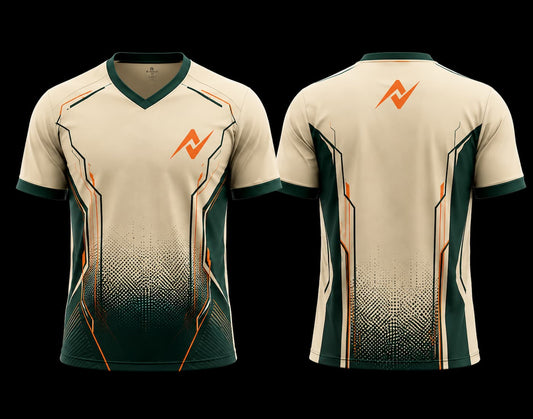 Front and back view of a cream and forest green V-neck esports jersey featuring orange geometric accents, gradient halftone graphics, and a custom logo on the chest and upper back.