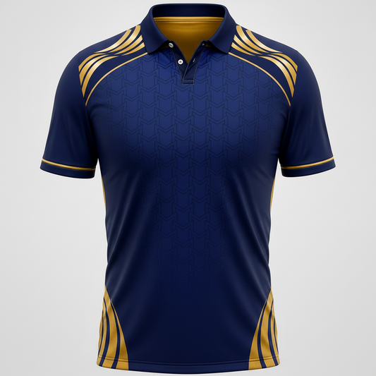 Blue sports jersey with gold accents and multiple brand logos on a gray background