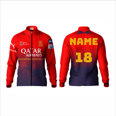 Front and back view of a custom full zip red and navy sports jacket with personalized player name and number.