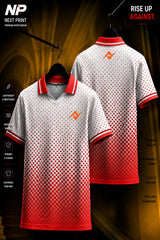 Front and back view of a white and crimson red gradient polo sports jersey with diamond mesh pattern made from premium dry-fit performance fabric.