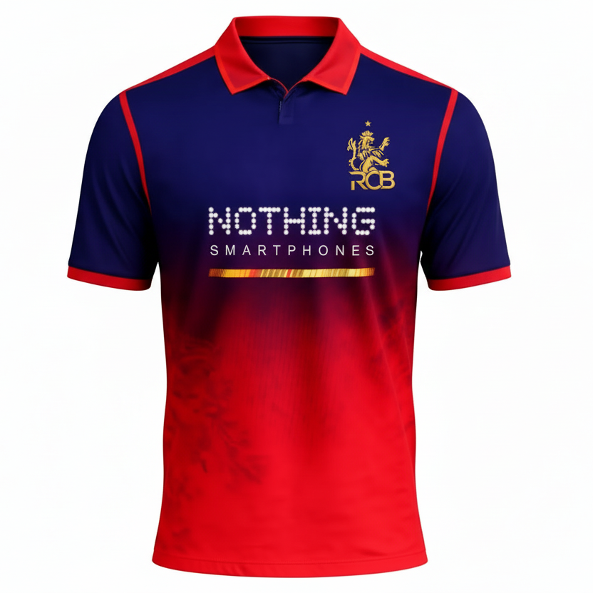 Front view of a custom navy and crimson polo cricket jersey with a modern gradient design and customizable team branding.