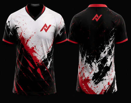 Front and back mockup of a white, black, and crimson red V-neck esports jersey featuring bold paint-splash graphics with chest logo and back neck logo.