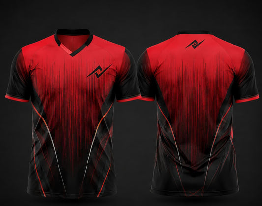 Front and back view of a crimson red and black custom V-neck cricket jersey featuring gradient graphics, black sleeves, custom chest logo, and back neck logo.