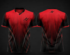 Front and back view of a crimson red and black custom V-neck cricket jersey featuring gradient graphics, black sleeves, custom chest logo, and back neck logo.