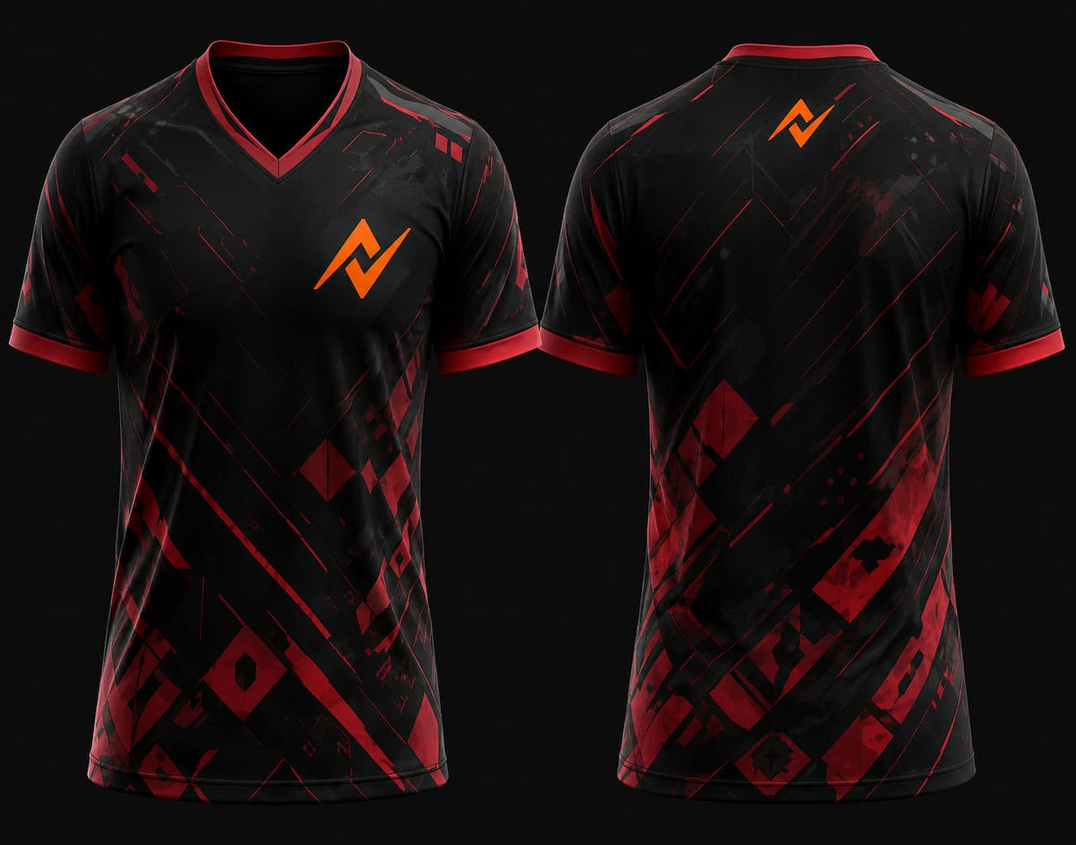 Black and red V-neck esports gaming jersey with futuristic geometric graphics, front and back mockup featuring chest logo and back neck logo.