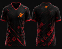Black and red V-neck esports gaming jersey with futuristic geometric graphics, front and back mockup featuring chest logo and back neck logo.