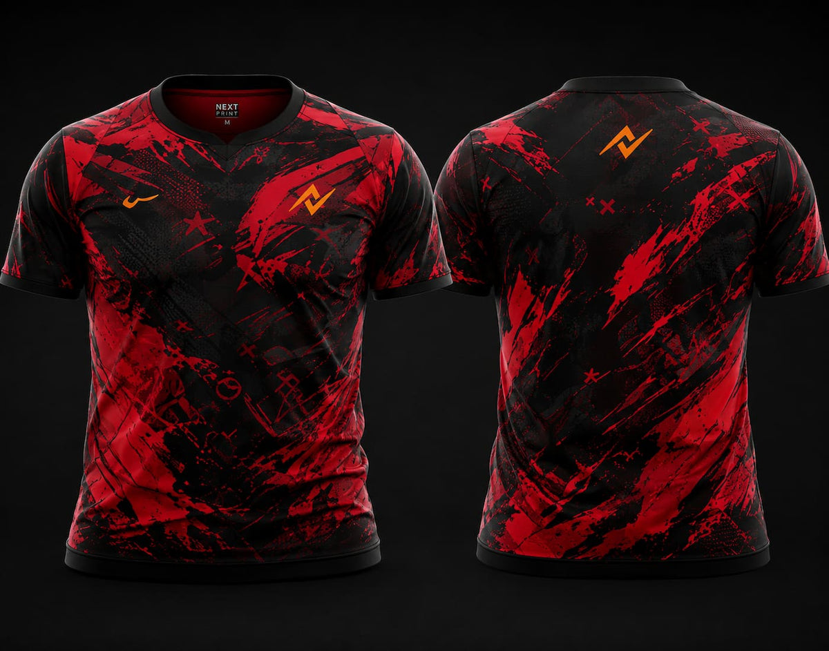 Front and back view of Crimson Reaper premium esports jersey featuring aggressive red and black graphics, round neck collar, and professional gaming apparel styling.